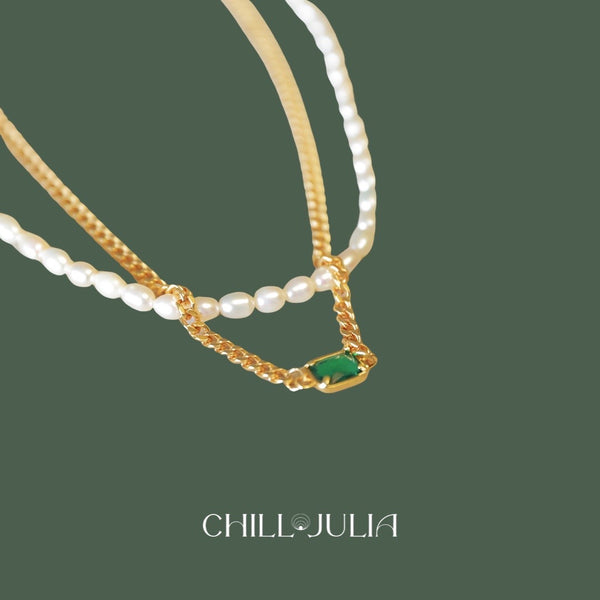 “Harmony"  Emerald & Pearl 18K Gold Plating Necklace